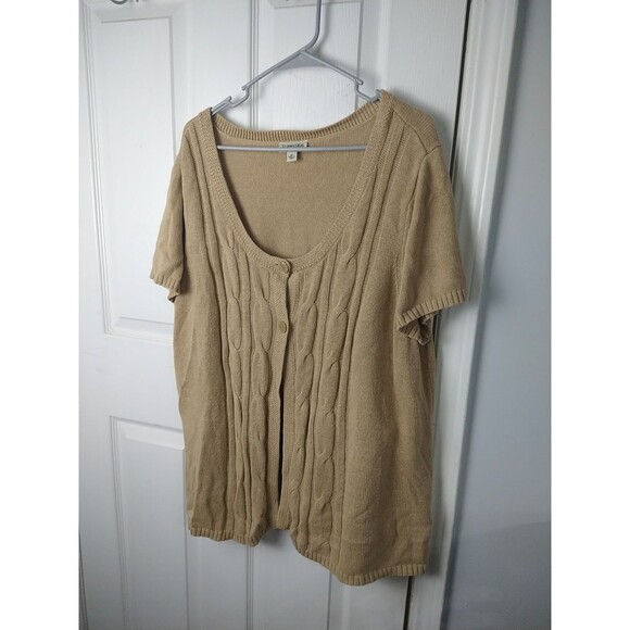 St. Johns Bay 2X Sweater Brown Cardigan Two Button Cable Knit Front SS Scoop... - Picture 2 of 11